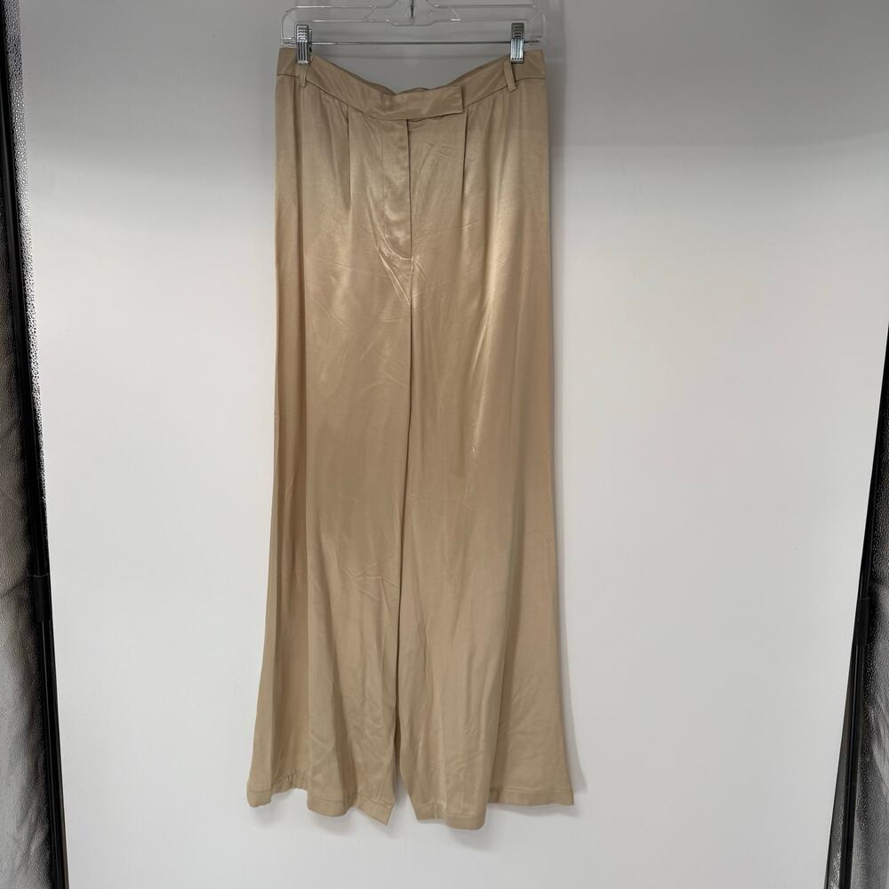 The Line By K Split Up Back Pleated Trouser Women's M Light Gold Satin Wide Leg